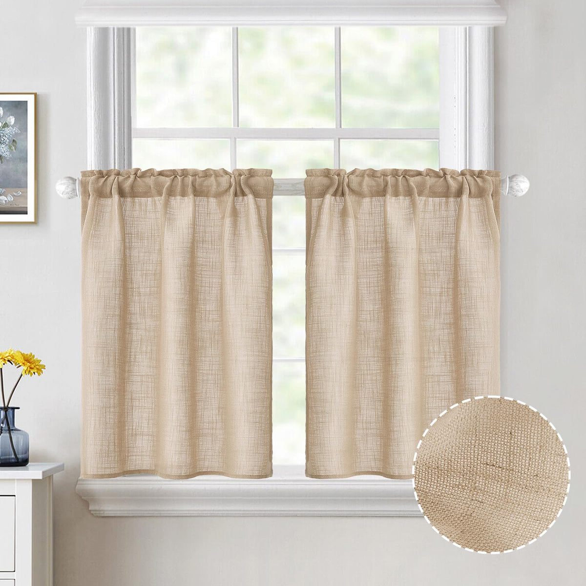 Miulee Cafe Curtains 30 Inch Length Semi Sheer Short Kitchen Window Curtain Over Sink, Small Country Rustic Linen Curtains For B