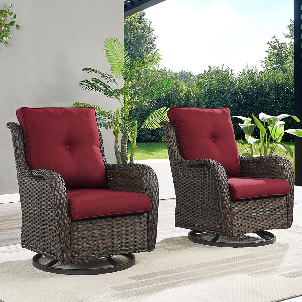 Hummuh Outdoor Swivel Rocker Pe Wicker Patio Chairs Set Of 2, Rattan Rocking Chair Furniture Set