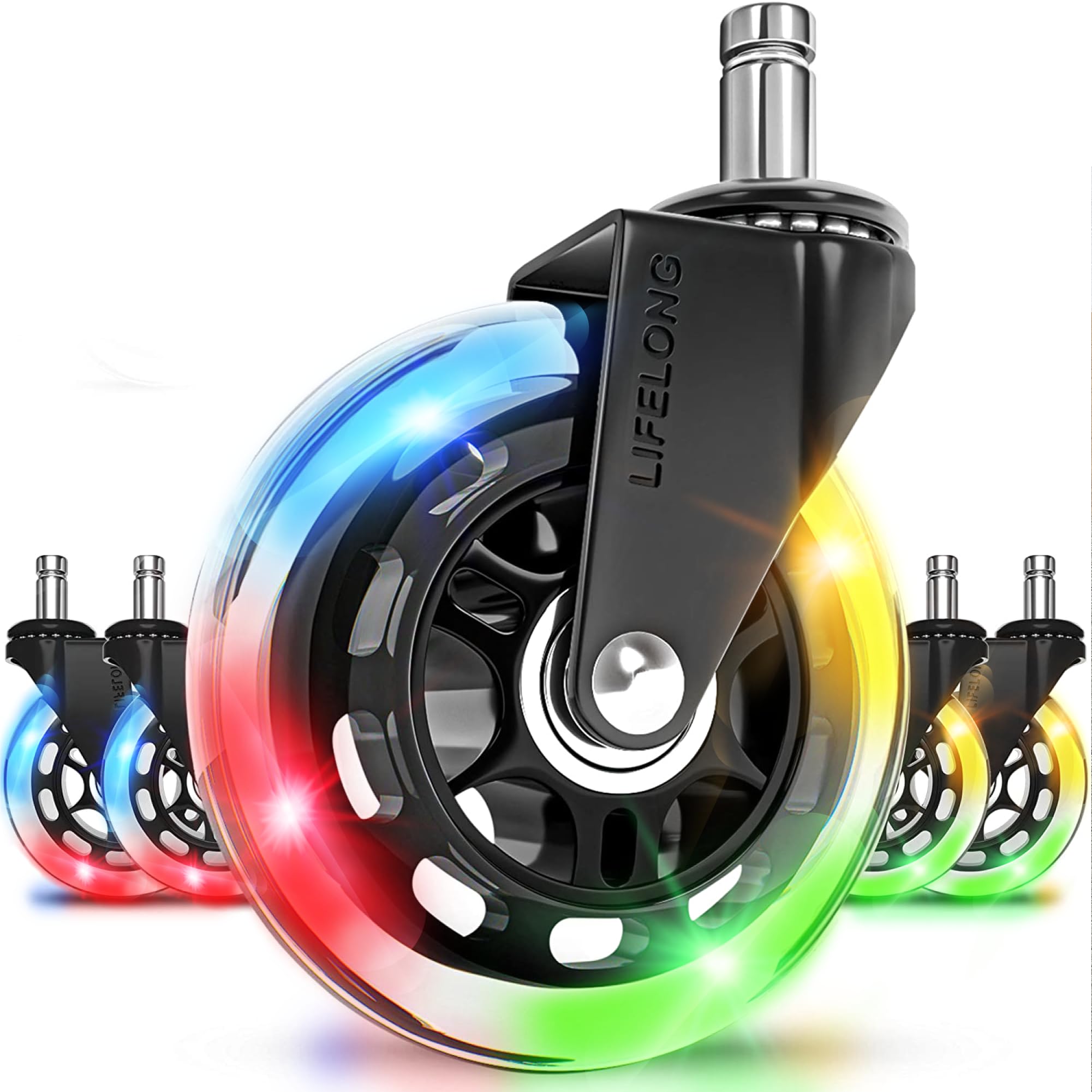 Lifelong Gaming Chair Wheels Replacement RGB Rubber Office Chair Casters for Carpet and Hardwood Floors, Set of 5, Heavy Duty Ca