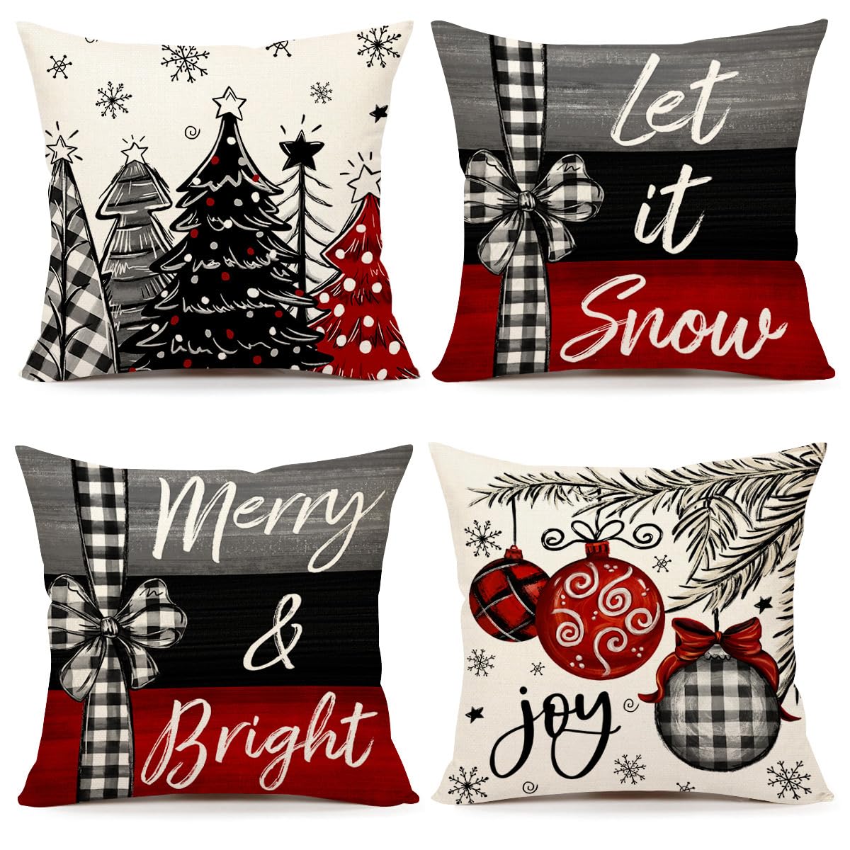 4Th Emotion Christmas Throw Pillow Covers 20 X 20 Inch Set Of 4, Xmas Tree Winter Farmhouse Holiday Merry Bright Cushion Case Fo