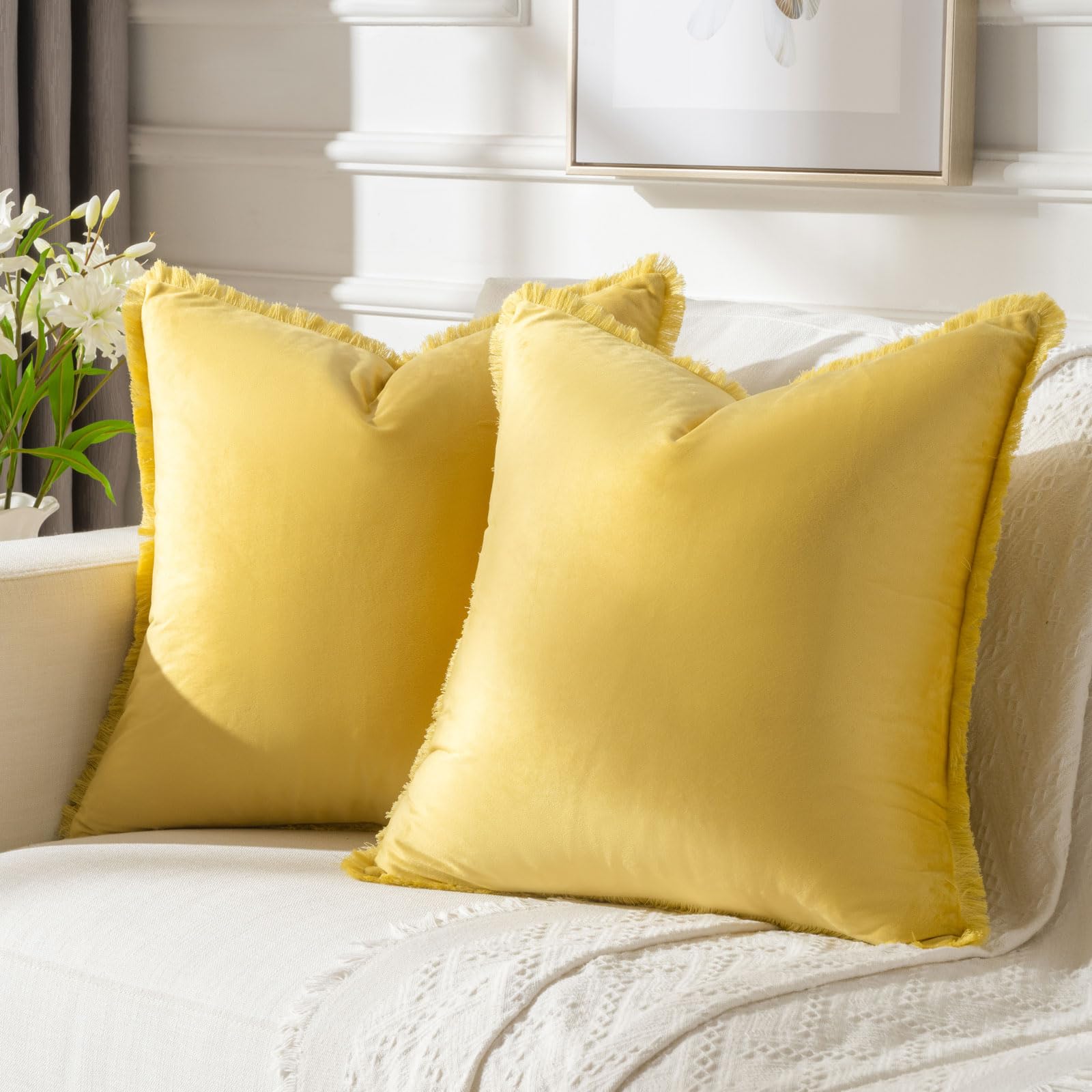 FUTEI Lemon Yellow Boho Throw Pillow Covers with Tassels 18x18 Inch Set of 2,Soft Velvet Decorative Cushion Case,Home Decor for 