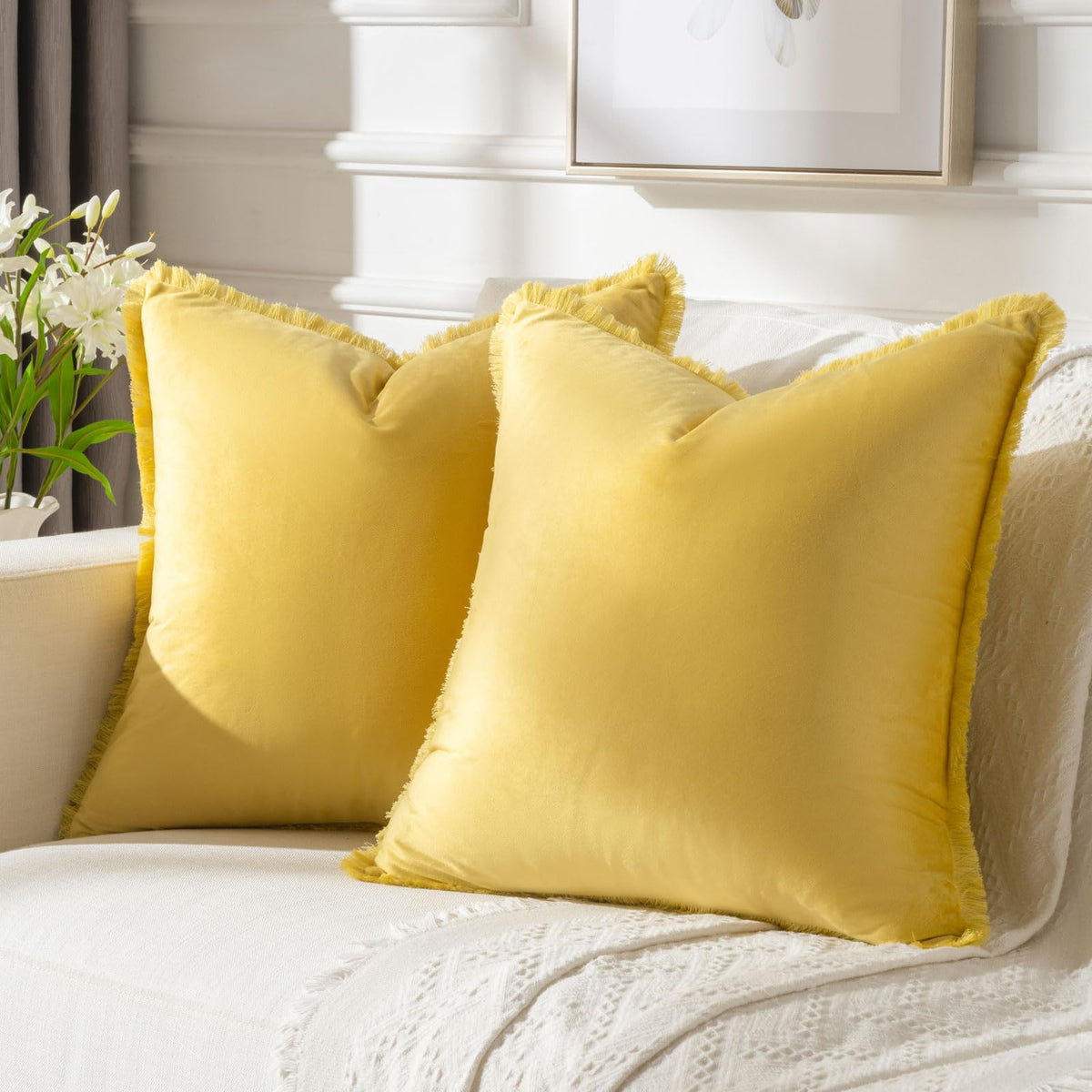 FUTEI Lemon Yellow Boho Throw Pillow Covers with Tassels 20x20 Inch Set of 2,Soft Velvet Decorative Cushion Case,Home Decor for 