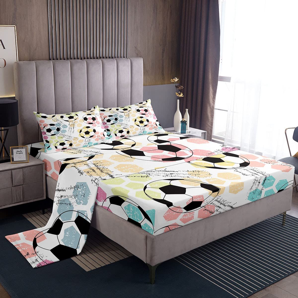 Queen Sheet Set Kids Football Bed Sheet Set For Boys Girls Bedroom Soft Microfiber Soccer Ball Sports Theme Decor Bed Sheets 3D