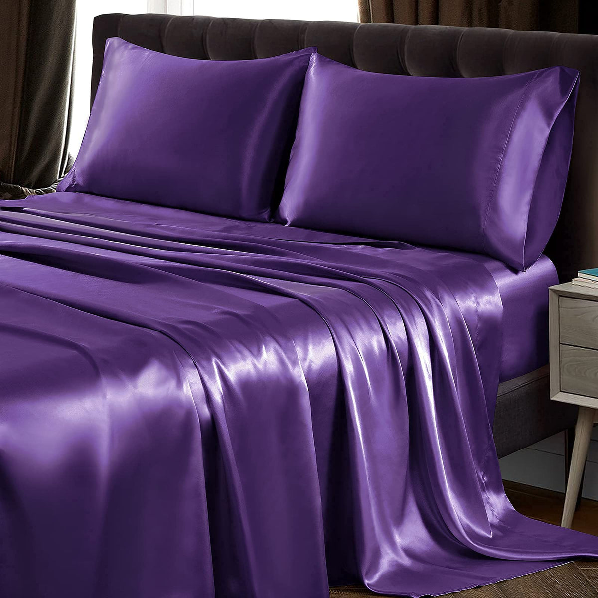 Siinvdabzx 3Pcs Satin Sheet Set Twin Size Ultra Silky Soft Purple Satin Twin Bed Sheets With Deep Pocket, 1 Fitted Sheet, 1 Flat