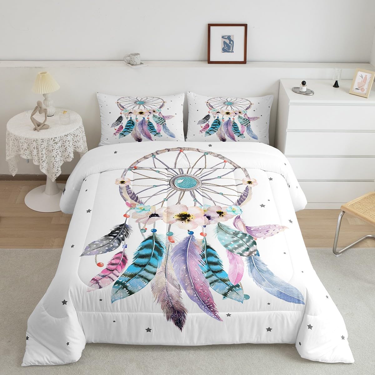 Dream Catcher Bedding Set Queen Size Girls,Floral Flower Comforter Set Cherry Blossom Quilt Duvet Women Aztec Tribal Down Comfor