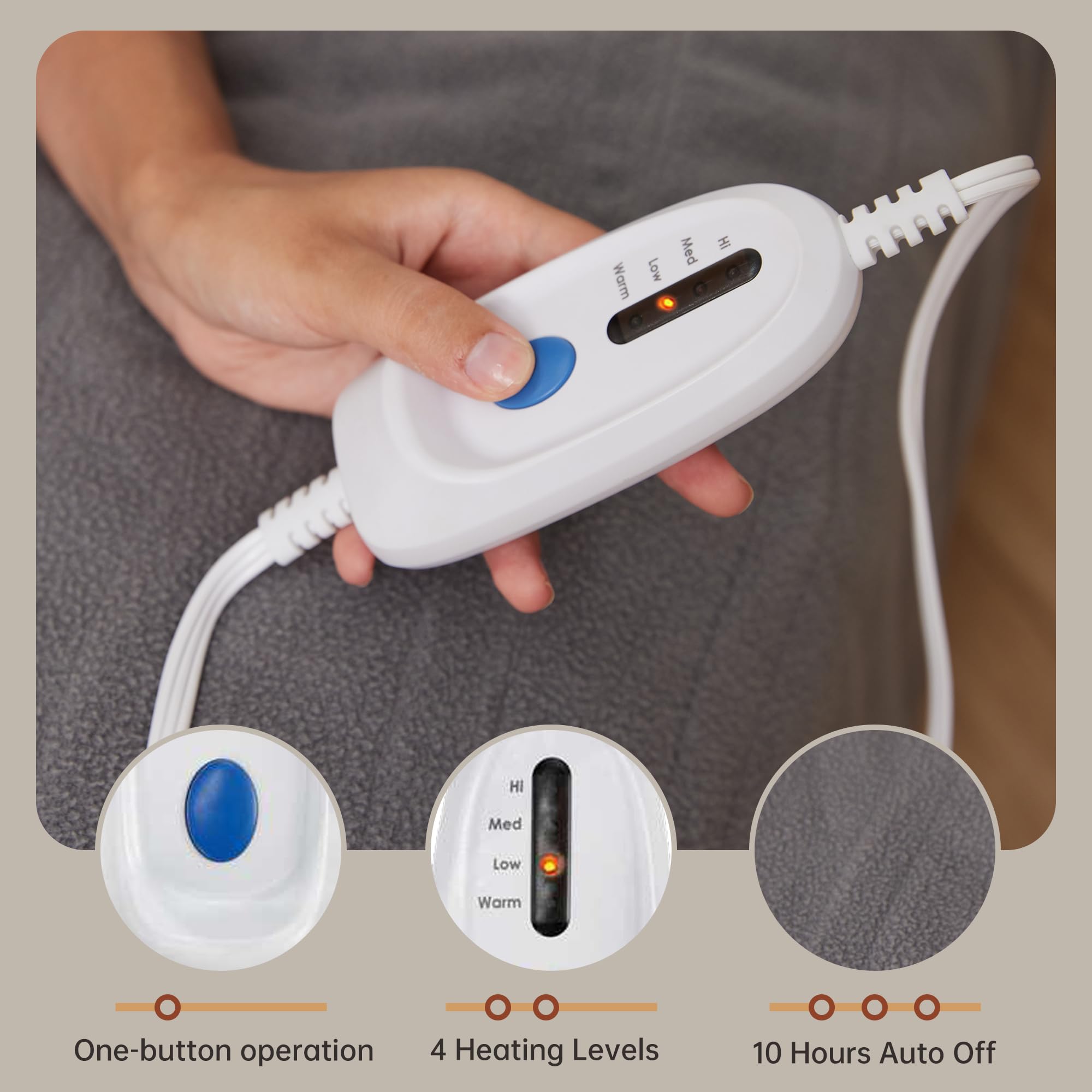 McJaw Electric Heated Blanket, Full Size 72x84, 4 Heating Levels, 10-Hour Auto Off, Lightweight, Breathable - Ash Grey