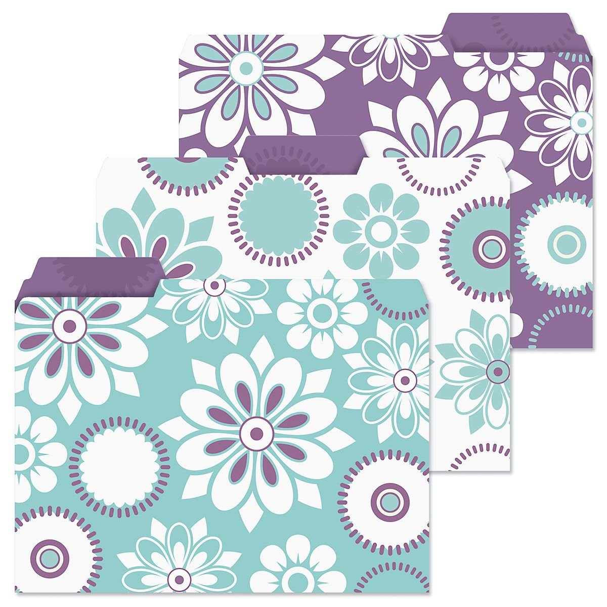 Vibrant File Folders - Set Of 12 File Folders With Staggered Tabs, 3 Designs, Graphic Geometric Floral Print, Office Supplies, L