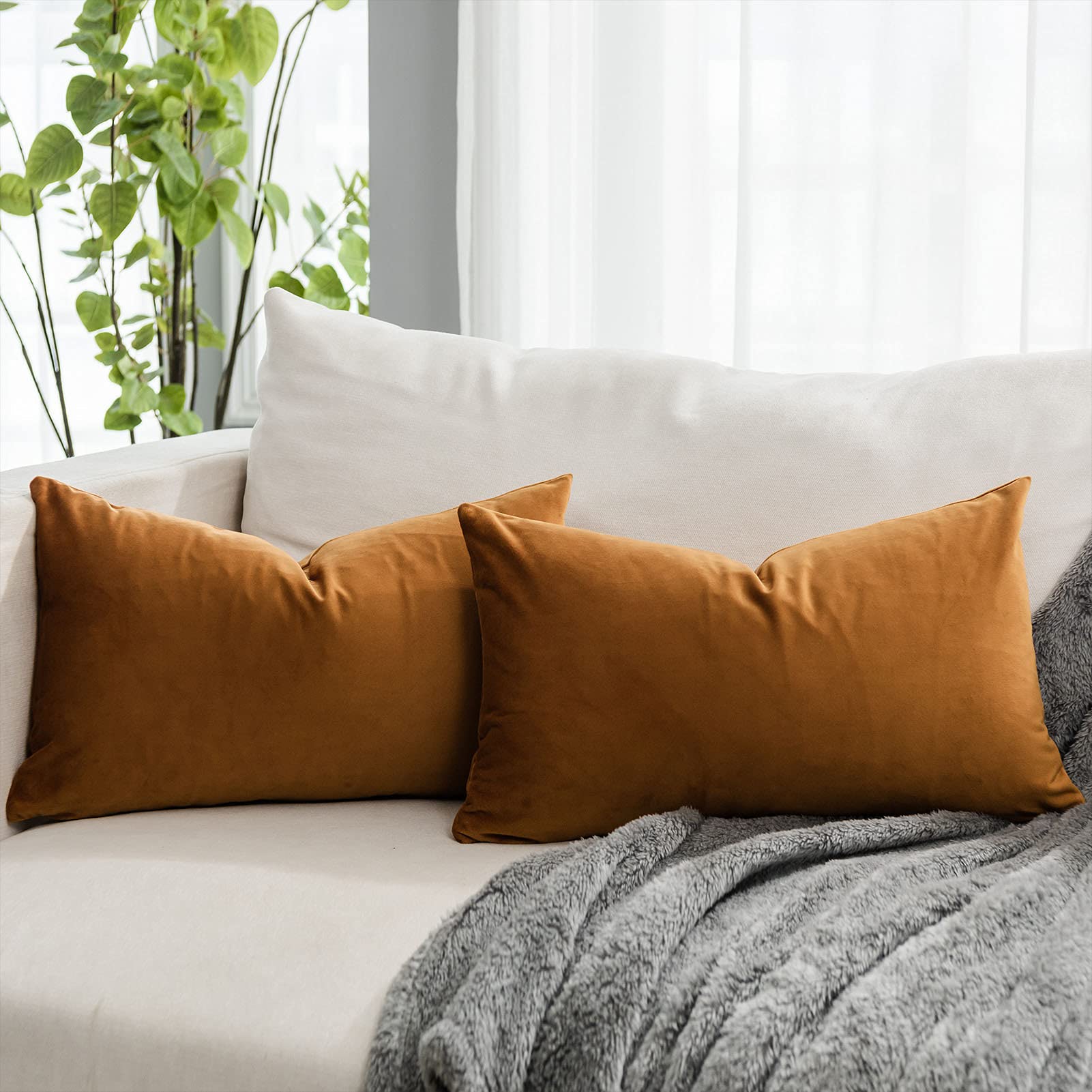 Quafoo Burnt Orange Decorative Lumbar Velvet Throw Pillow Covers 12X20 Inch Set Of 2 With Zipper Luxury Soft Solid Rectangle Cus
