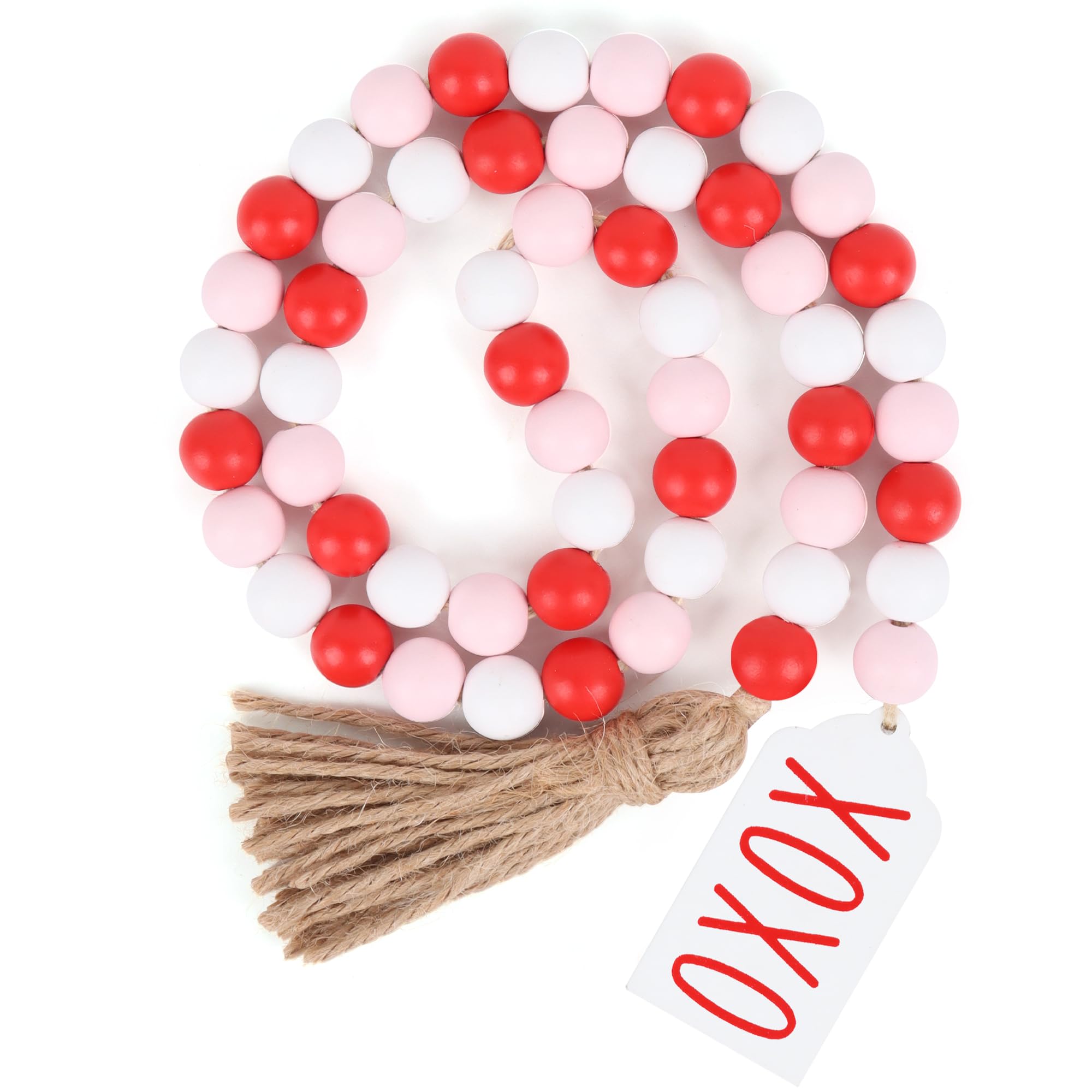 Valentines Day Wood Bead Garland with Tassel XOXO Tags,Farmhouse Rustic Wooden Beads Garland Wall Hanging Decor for Tiered Tray