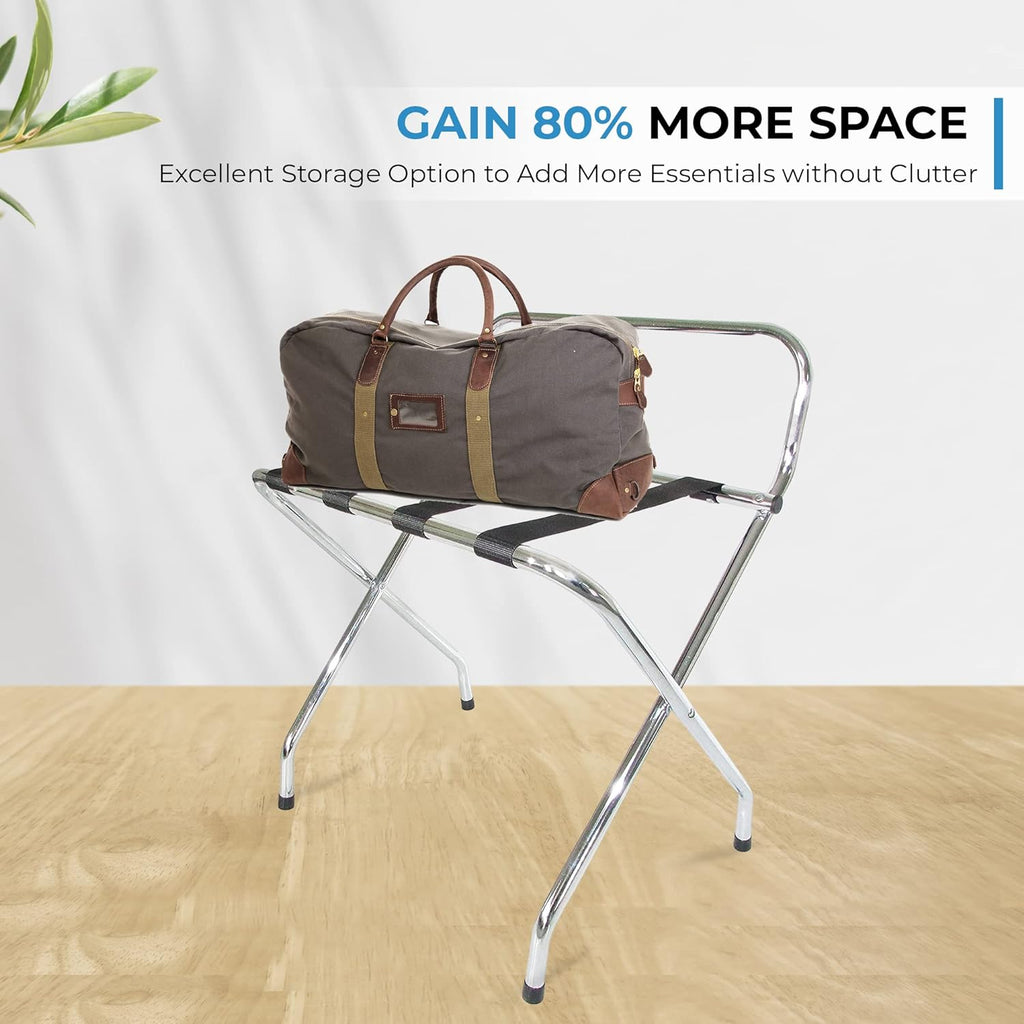 Foldable X-Shape Luggage Rack with Two Shelves, Nylon Straps, Chrome Finish