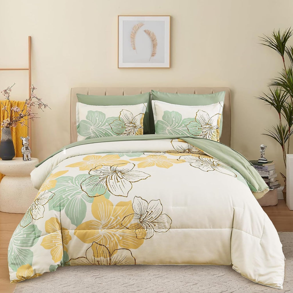 Luxudecor Sage Green Floral Comforter Set King Size, 7 Pieces Bed In A Bag Gold Glitter Metallic Comforter And Sheet Set, Soft M