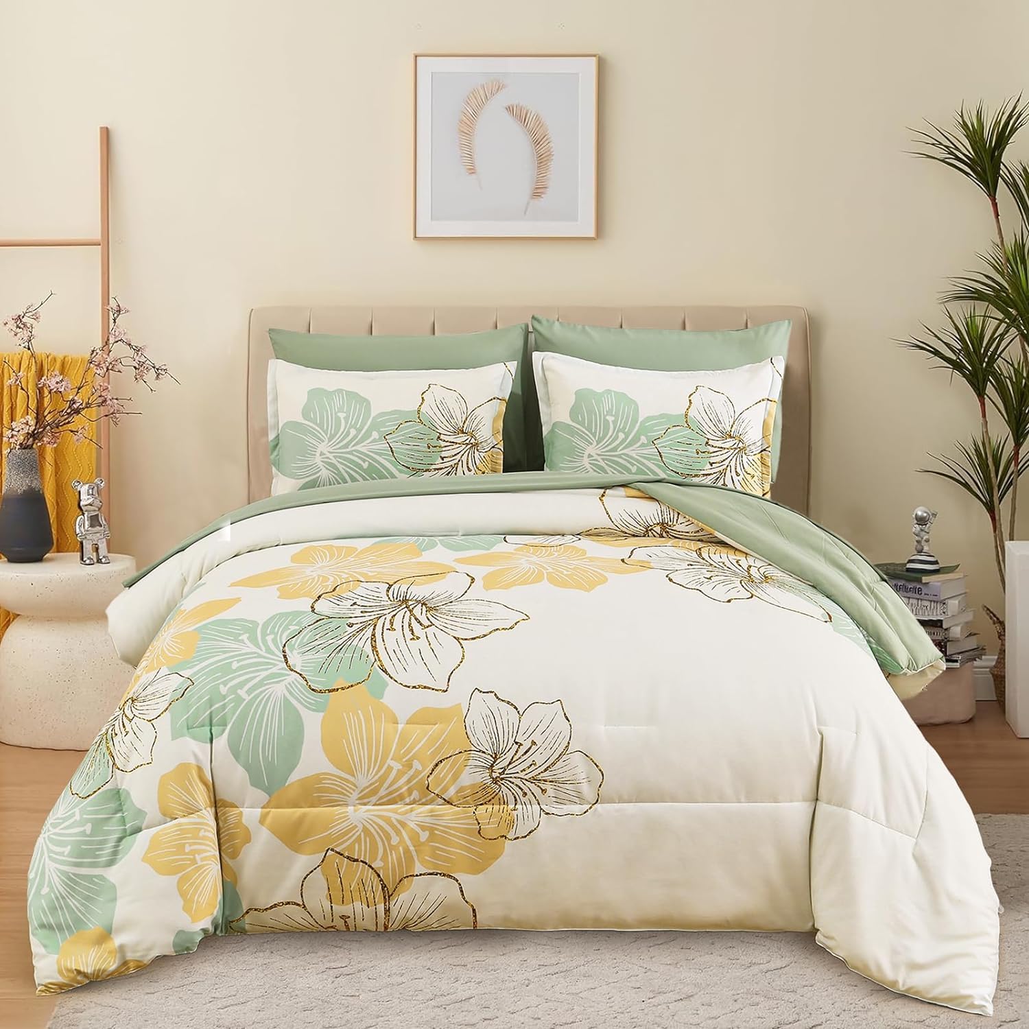 Luxudecor Sage Green Floral Comforter Set King Size, 7 Pieces Bed In A Bag Gold Glitter Metallic Comforter And Sheet Set, Soft M
