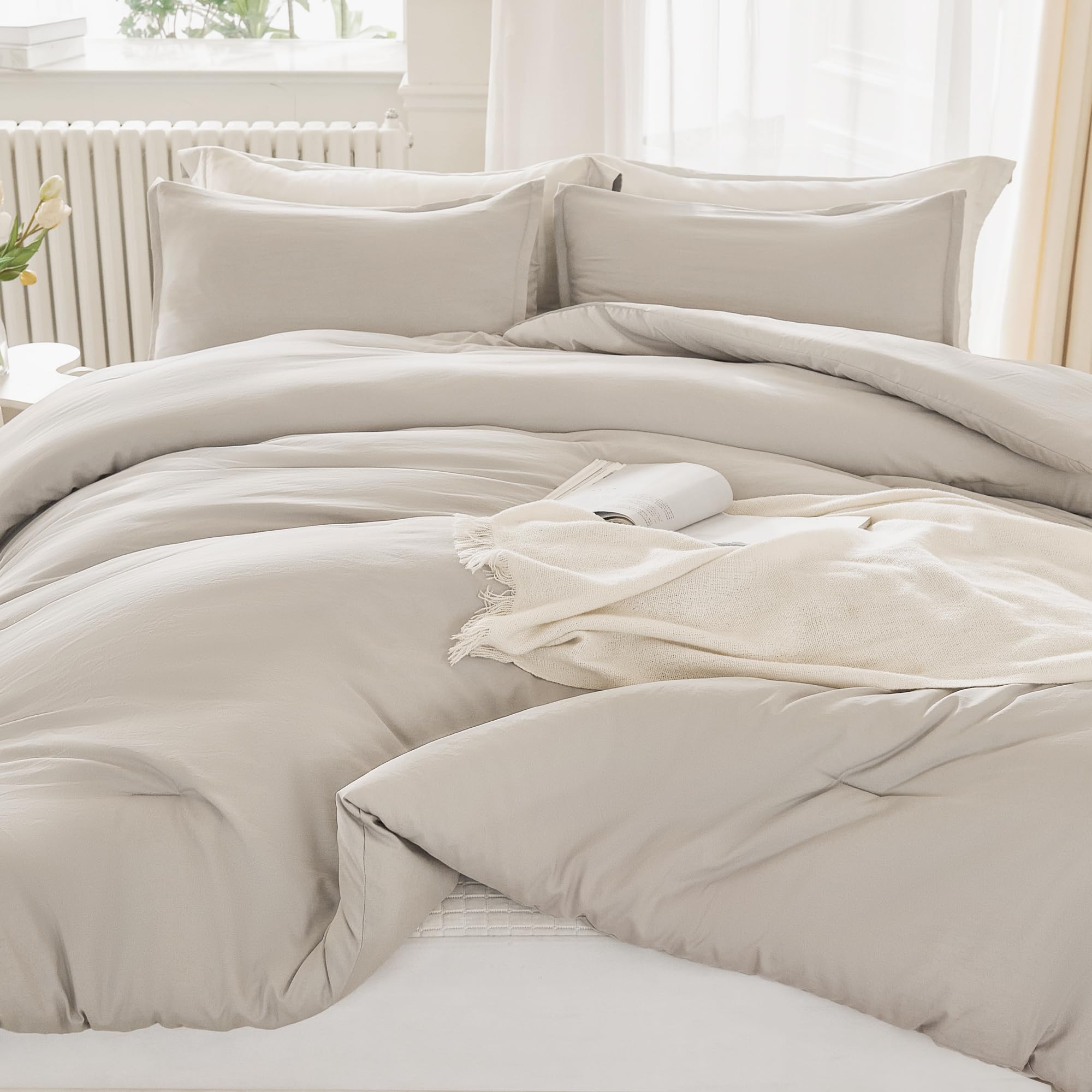 Litanika Linen Grey Comforter Set King Size, 3 Pieces Lightweight Solid Bedding Comforter Set, All Season Fluffy Bed Set (104X90