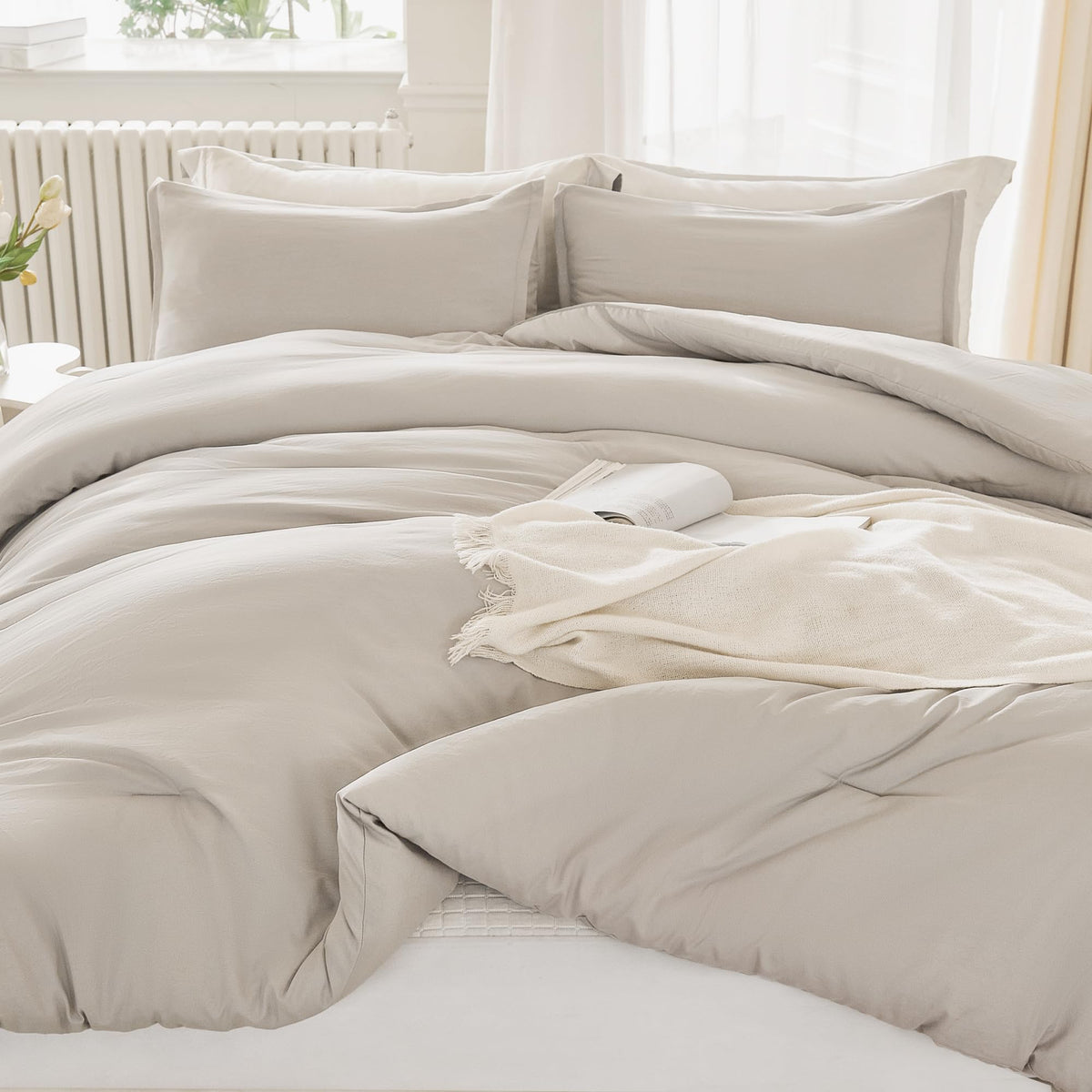 Litanika Oversized King Comforter 120X98, 3 Pieces Linen Lightweight Solid Bedding Comforter Set, All Season Fluffy Bed Set (1 C