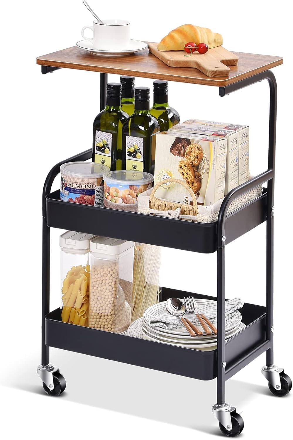 Breewell Rolling Storage Organizer With Wooden Tabletop, Metal Utility, Lockable Wheels For Kitchen, Office, Bedroom (2Layer Sq