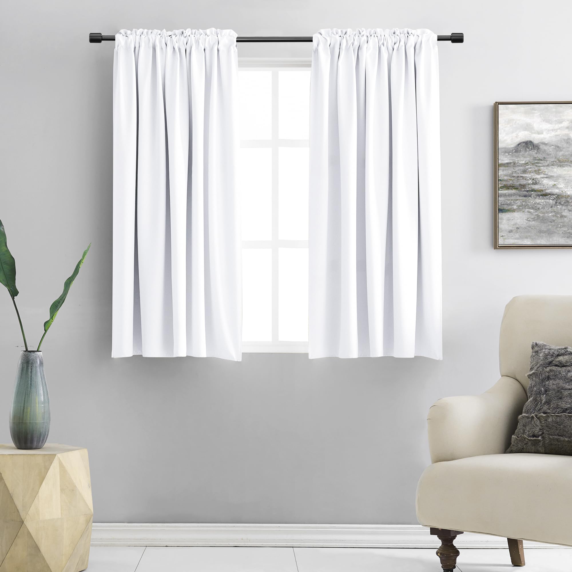 Pure White Kitchen Short Curtain Panels 45 Inch Length, 50% Light Blocking Thermal Insulated Curtains For Dining Room Short Window (Set Of 2, W 42 Inches X L 45 Inches)