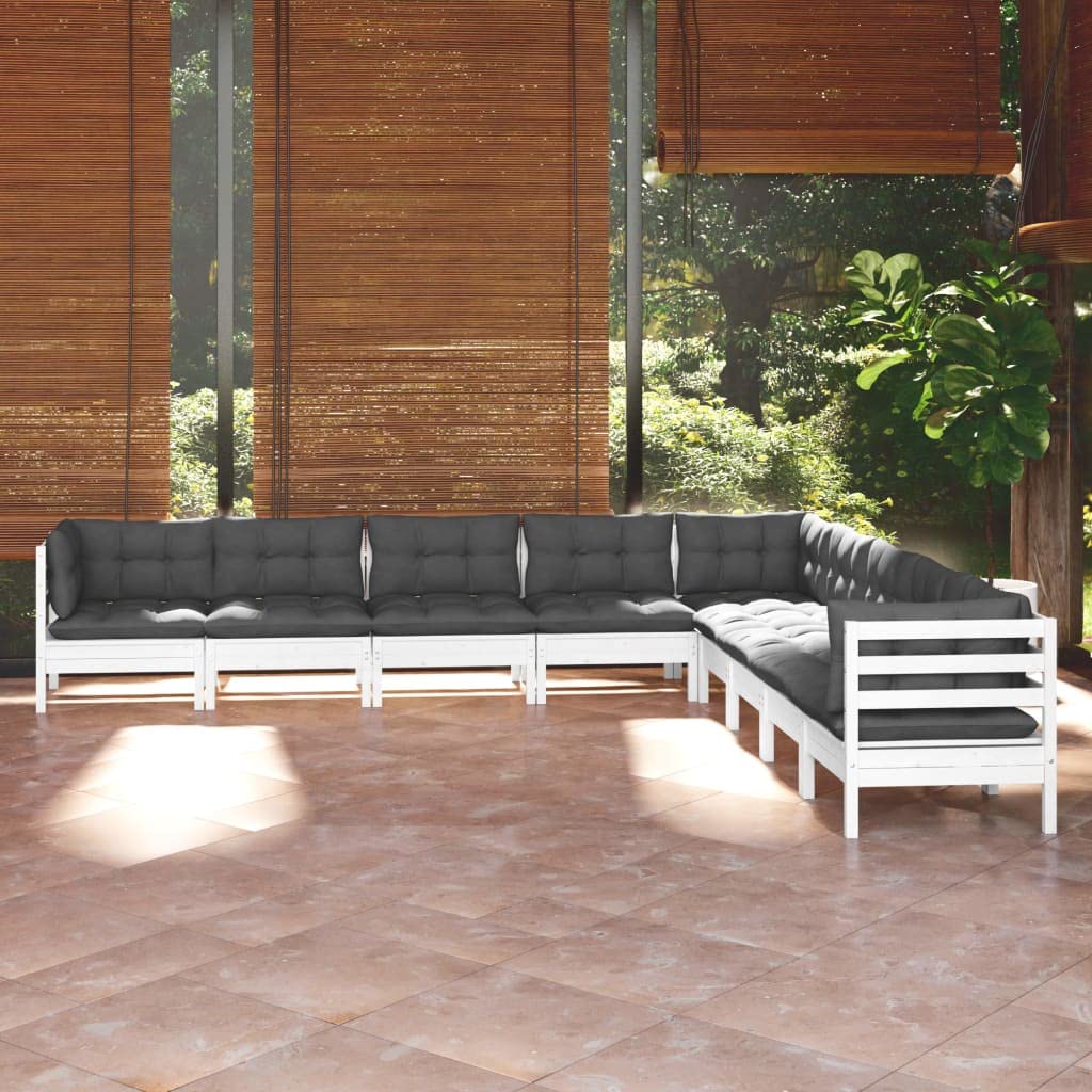 vidaXL Solid Pinewood Patio Lounge Set 9 Piece with Cushions Garden Outdoor Lawn Yard Terrace Balcony Wooden Seat Seating Furniture White