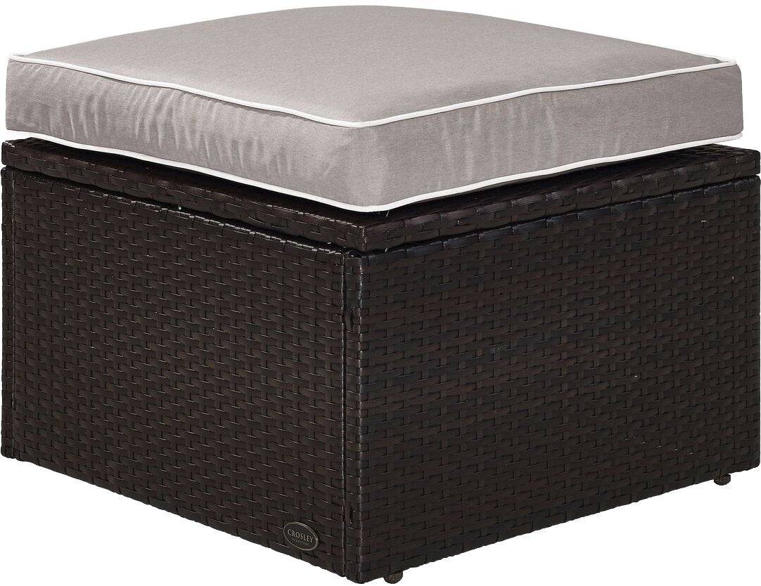 Crosley Furniture Palm Harbor Wicker Outdoor Ottoman Foot Rest for Patio, Deck, Porch, Brown with Gray Cushions