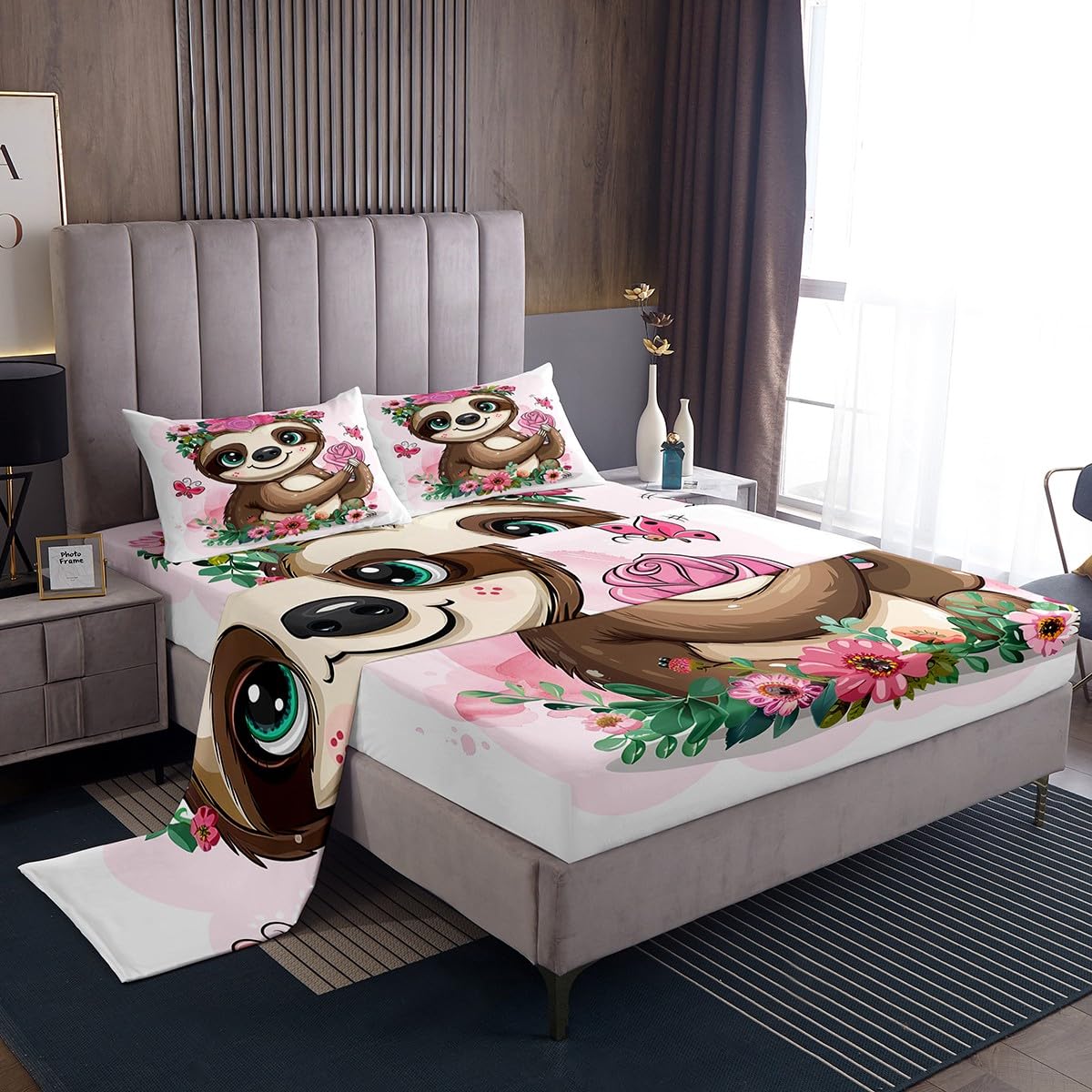 Feelyou Sloth Bed Sheets Set King Sheets For Girls Kids Children Cute Animal Pattern Fitted Sheet & Flat Sheet Super Soft Rose F