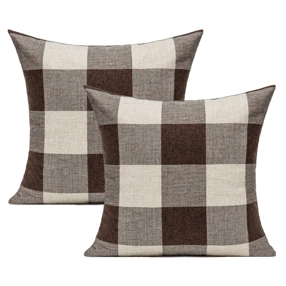 Vakado Brown Beige Buffalo Plaids Decorative Throw Pillow Covers Farmhouse Retro Checked Square Cushion Cases Classic Coffee Che