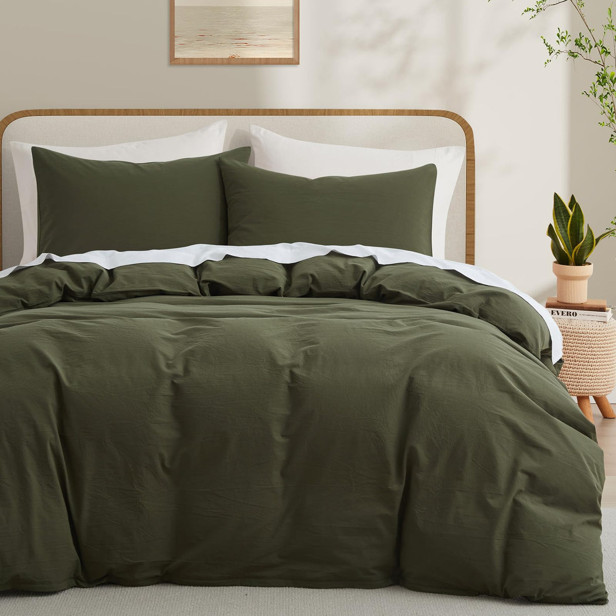 Lovque Olive Green Duvet Cover Full Size, 100% Washed Cotton Linen Like Bedding Set With Zipper Closure (No Comforter), 80X90 In
