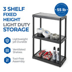 Gracious Living 3 Shelf Fixed Height Light Duty Storage Unit 12 X 24 X 33 Organizer System For Home, Garage, Basement, & Laundry, Black (3 Pack)