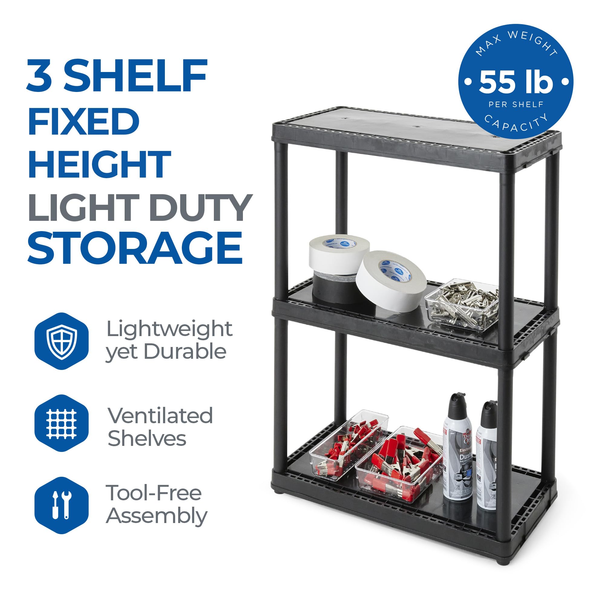 Gracious Living 3 Shelf Fixed Height Light Duty Storage Unit 12 X 24 X 33 Organizer System For Home, Garage, Basement, & Laundry, Black (3 Pack)