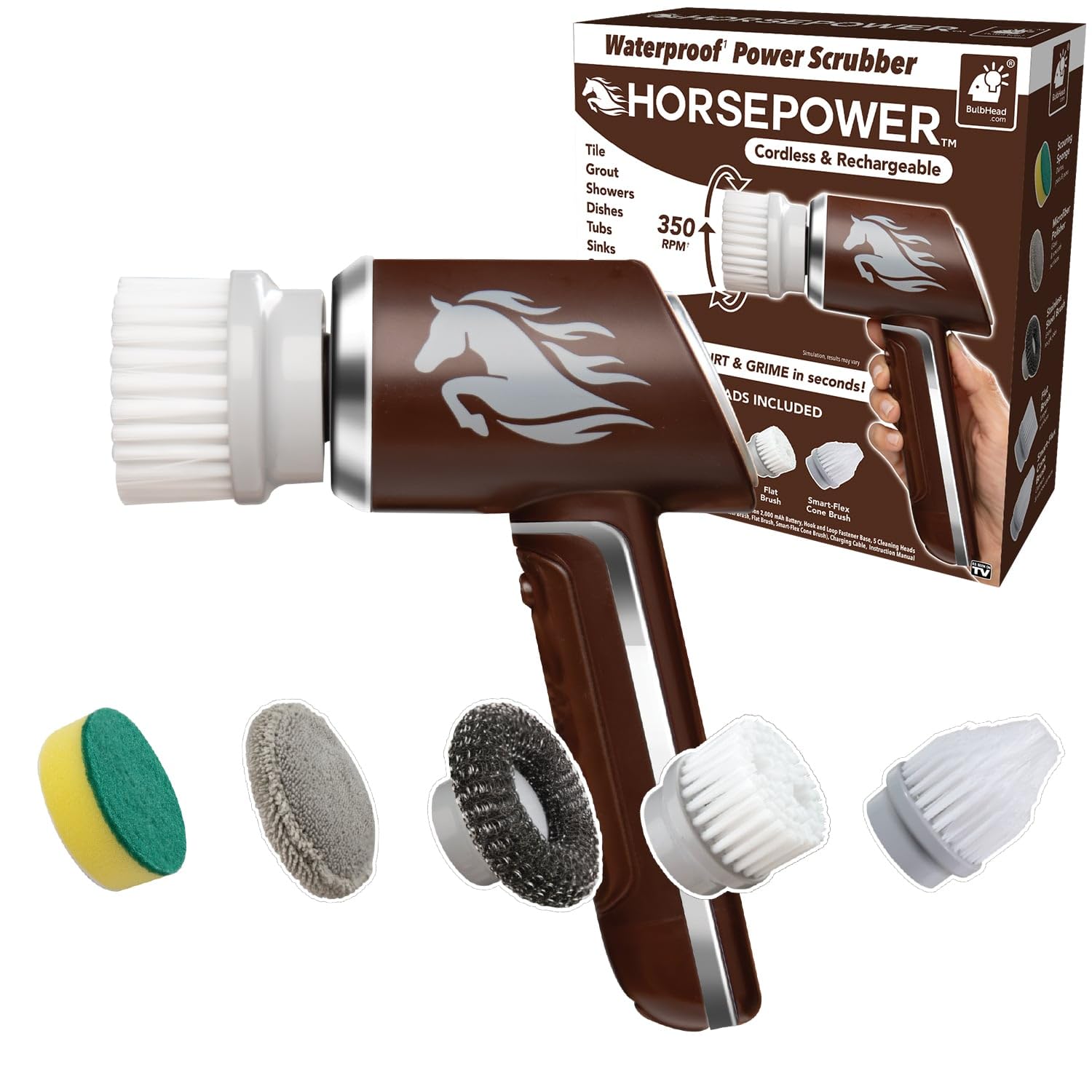 Horsepower Scrubber, Waterproof, Electric Power, Spins 350 RPM, 5 Brush Heads, AS-SEEN-ON-TV, Cleans Dirt & Grime, Tile, Grout, 