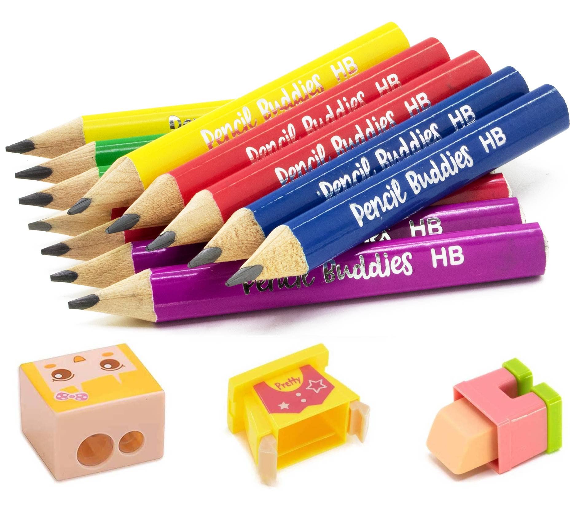 Short Jumbo Pencils For Kids - 12 Fat Pencils And 1 Sharpener & Eraser, Triangle Grip Kids Pencils (Pink)