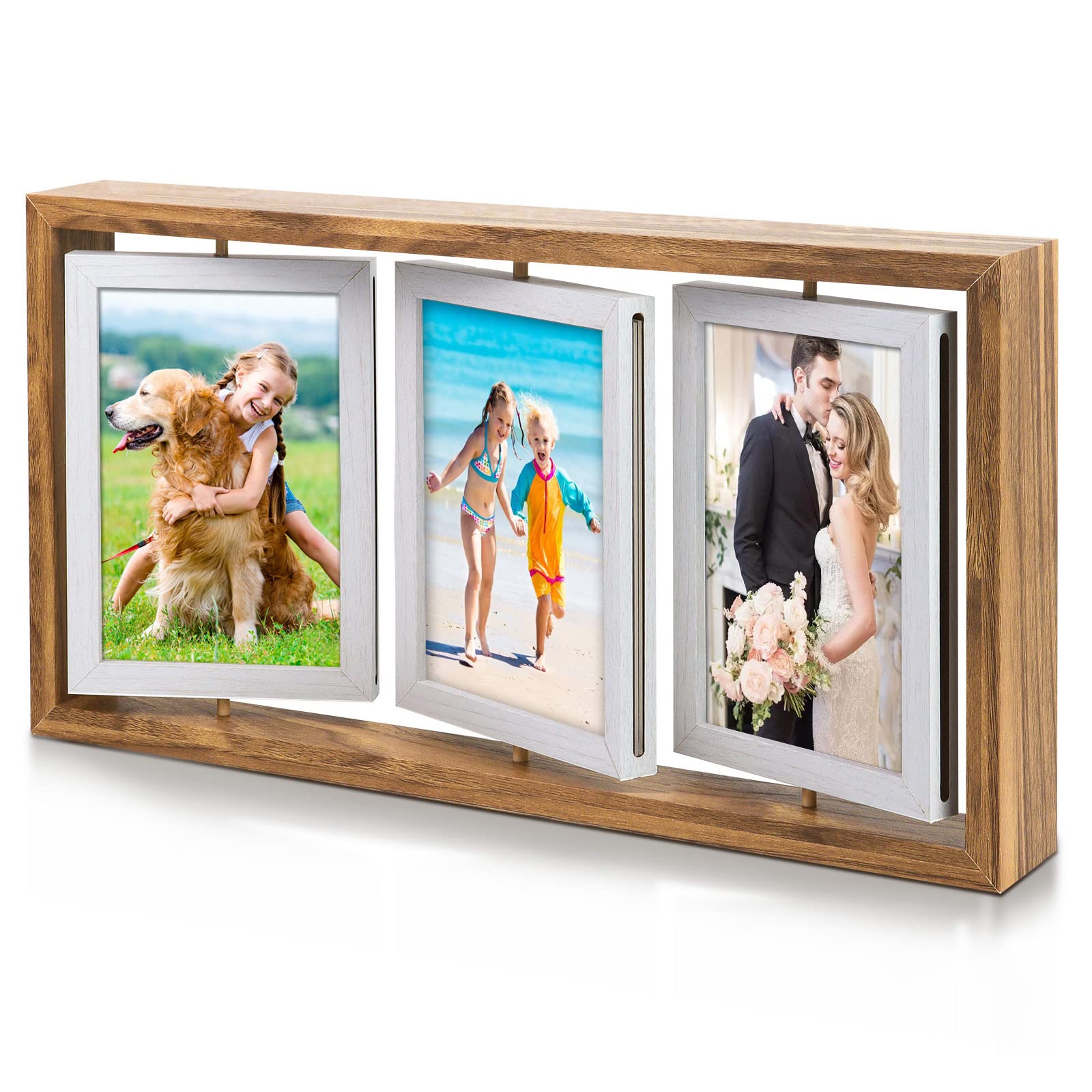 ZEEYUAN 4x6 Rotating Photo Frame Rustic 4x6 Wooden Picture Frames, Double Side-Display 6 Photos, Floating Photo Frame 4x6 Family