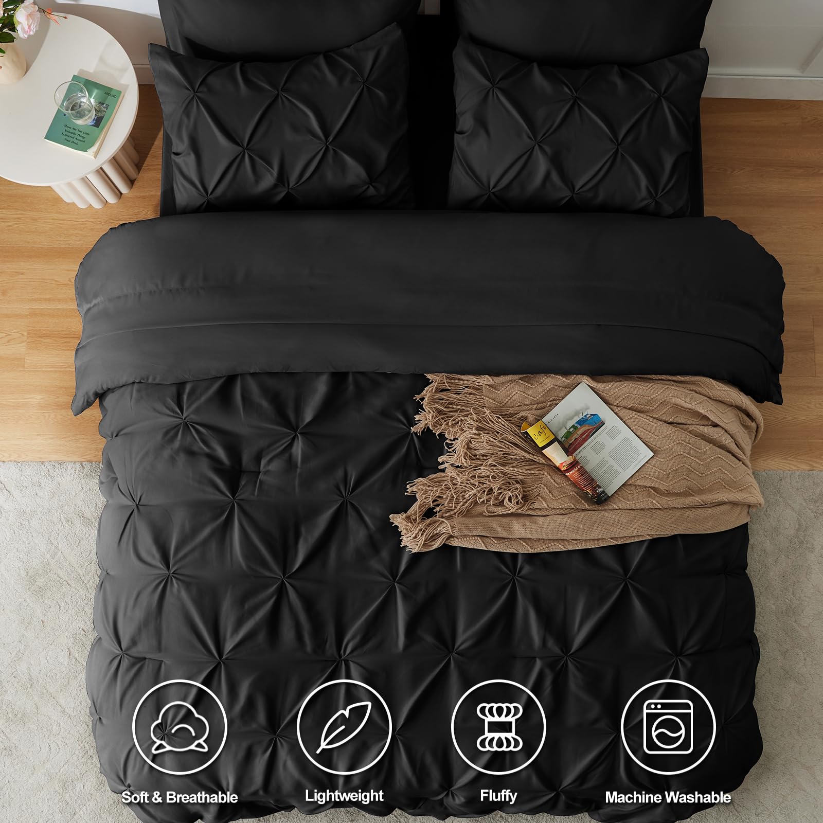 Himeet Bedding Sets Full 7 Pieces Comforter Set Full Pintuck Bed In A Bag Full Bedding Set Pinch Pleat Design Black