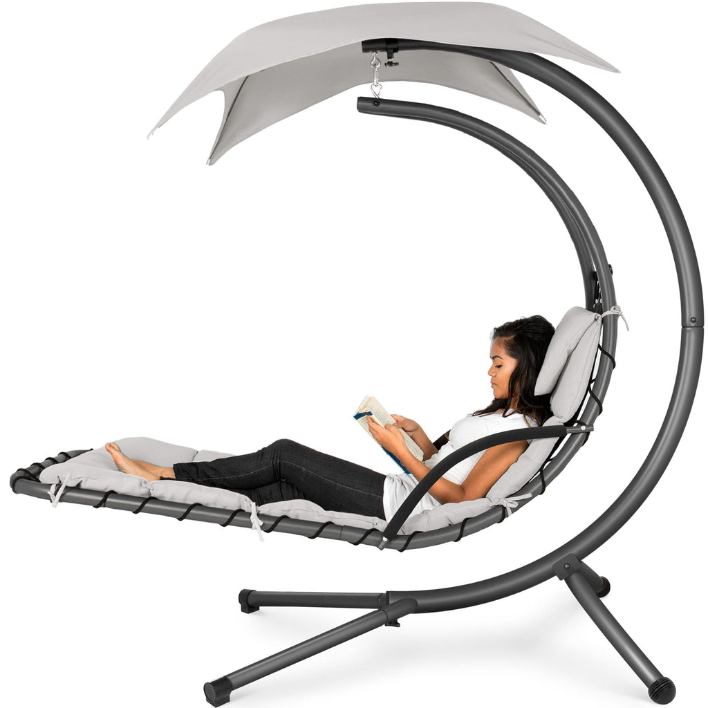 Best Choice Products Outdoor Hanging Curved Steel Chaise Lounge Chair Swing W/Built-In Pillow And Removable Canopy - White Sand
