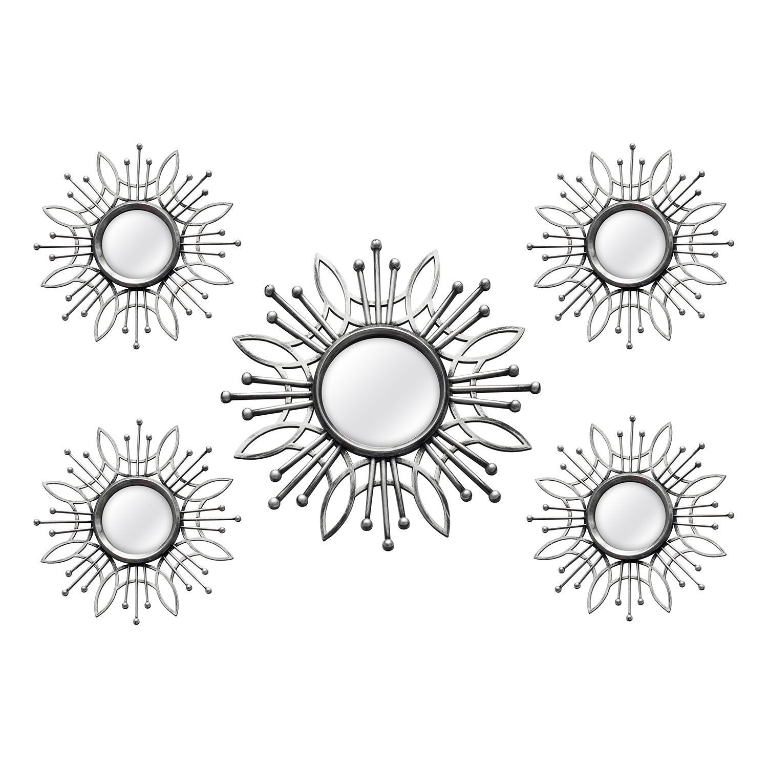 Stratton Home Decor 5 Piece Silver Burst Wall Mirror - Traditional Decorative Art, Classic Silver-Finished Ornament - Floral-Themed Indoor Decoration For Bedroom. Living Room, Hallway, Study