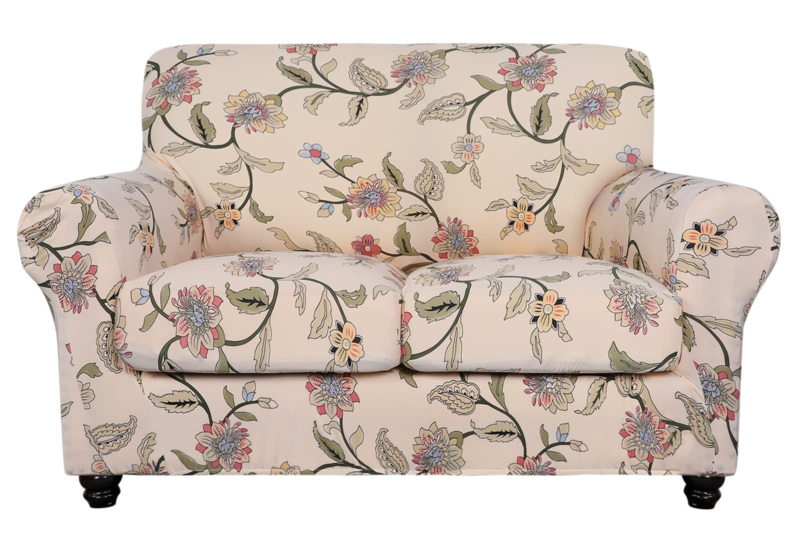 Searchi Stretch Sofa Cover Printed Couch Cover, Floral Pattern 3 Pieces Loveseat Slipcover With 2 Separate Cushion Cover, Washable Furniture Protector For Living Room(Loveseat, Yellow+Flower)