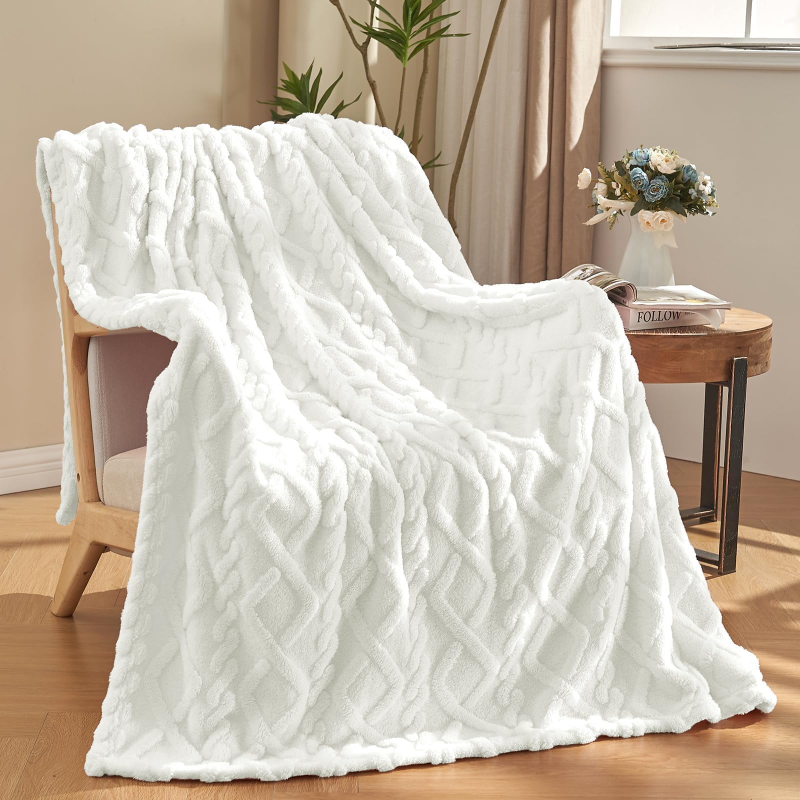Kmuset White Fleece Blanket For Couch - Super Soft Cozy Luxury Throw Blankets For Women, Beautiful 3D Jacquard Gift Blanket For