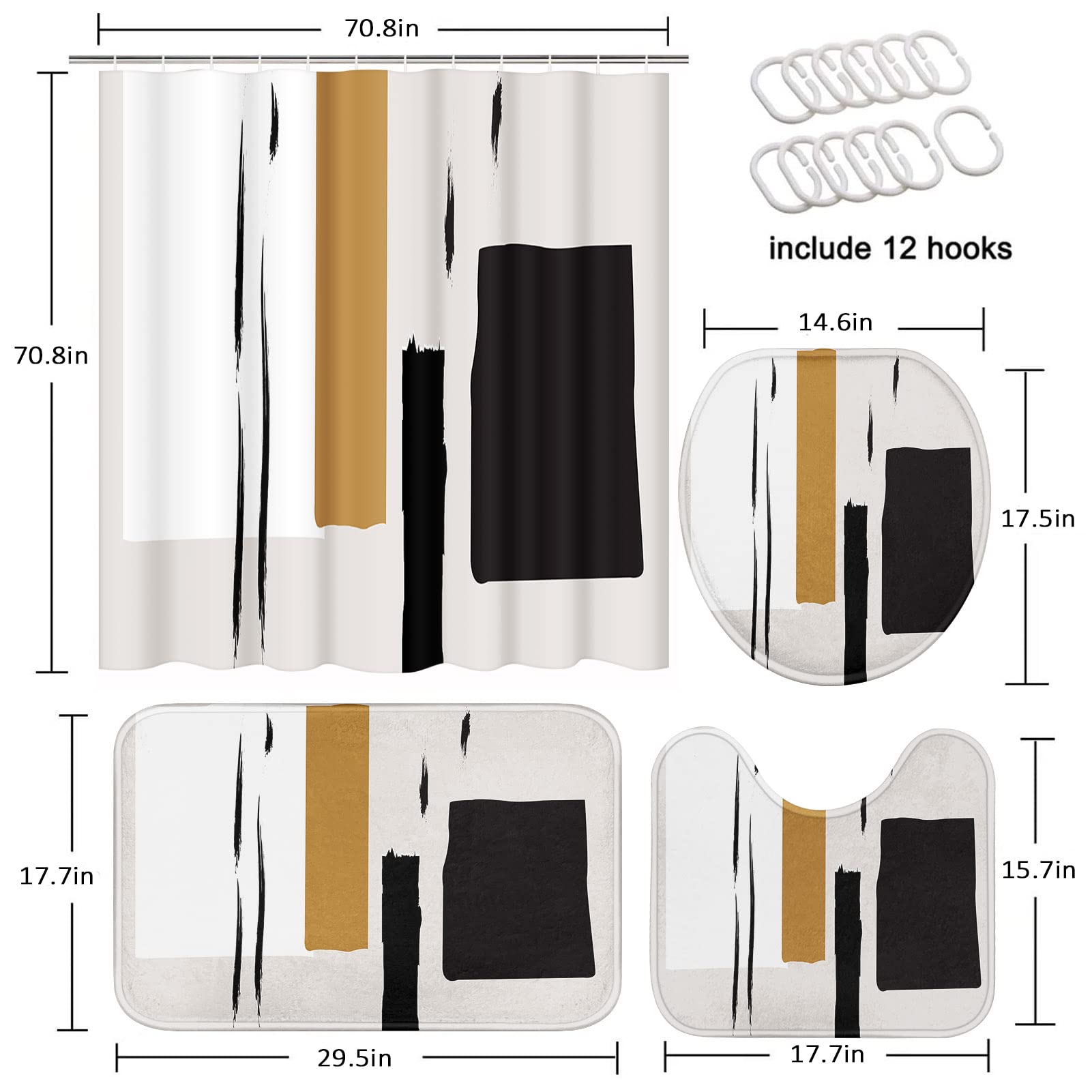 Tayney Boho Mid Century Shower Curtain Set With Toilet Lid Cover And Non-Slip Rugs, Abstract Line Art 4 Pcs Shower Curtain Set,