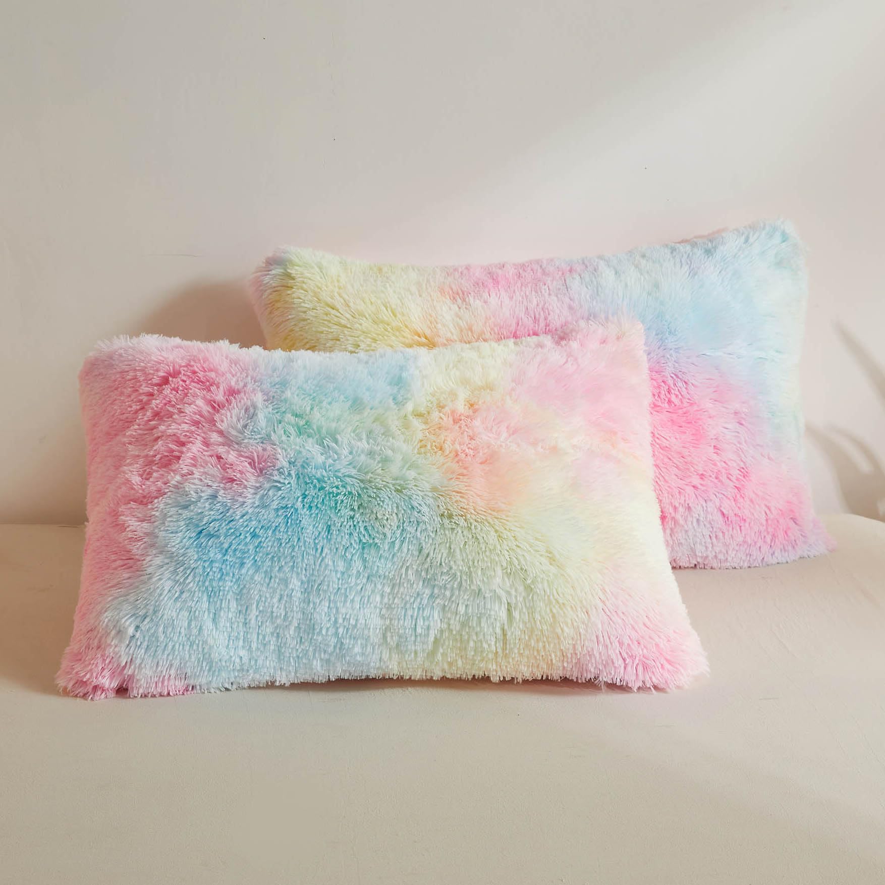 Xege Rainbow Faux Fur Fluffy Throw Pillow Cases, Plush Shaggy Soft Furry Pillowcases, Tie Dye Velvet Fuzzy Decorative Pillow Cov