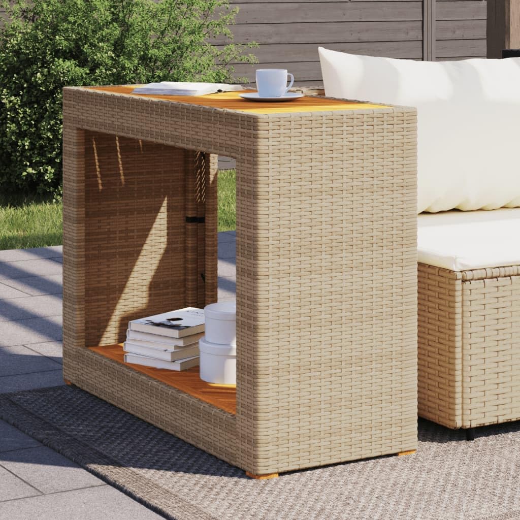 vidaXL Patio Side Table - Wooden Top, Poly Rattan, Beige/Brown, 39.4"x15.7"x29.5" for Garden, Backyard, Patio