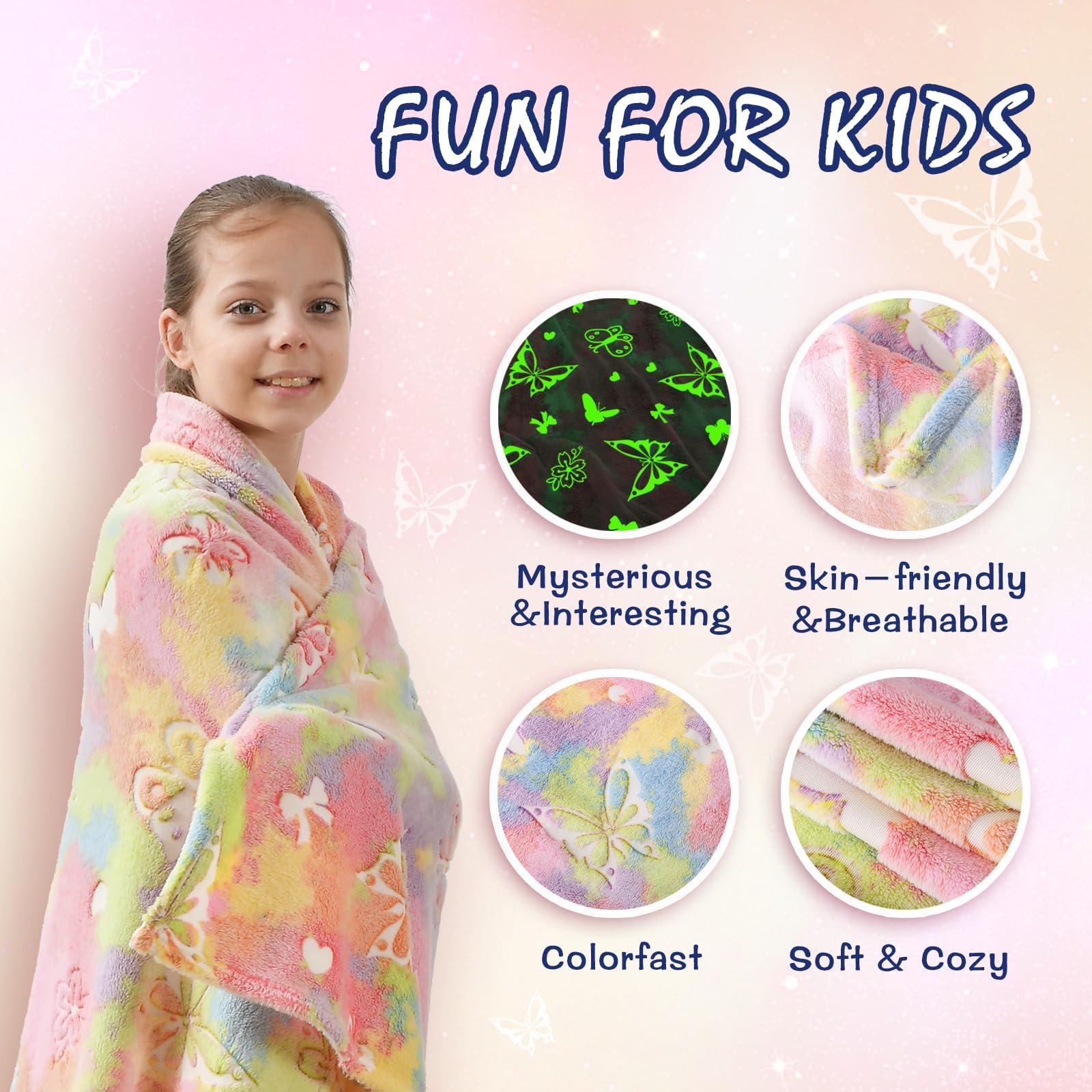 Sochow Butterfly Glow In The Dark Blanket Presents For Daughters, Toys For 3-10 Year Old Birthday Presents, Soft Cozy Flannel Th