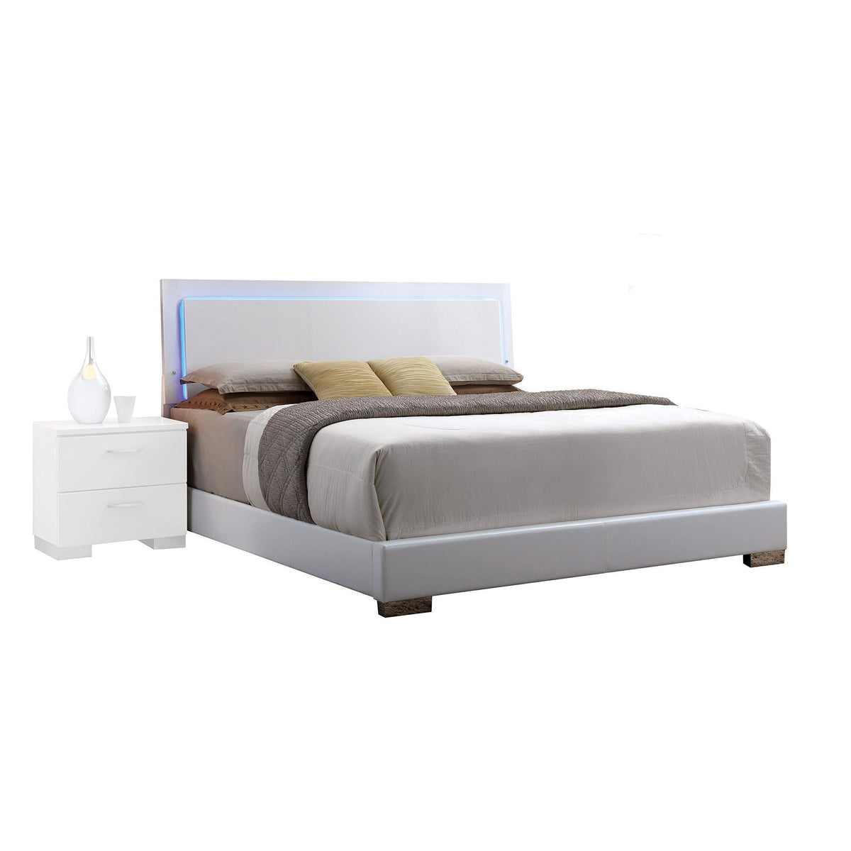 Acme Lorimar Queen Upholstered Wooden Panel Bed With Led In White