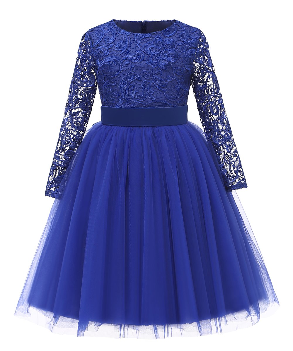 Flower Girl Dress Long Sleeves Lace Top Tulle Skirt Girls Lace Party Dresses (Size 4,Blue)