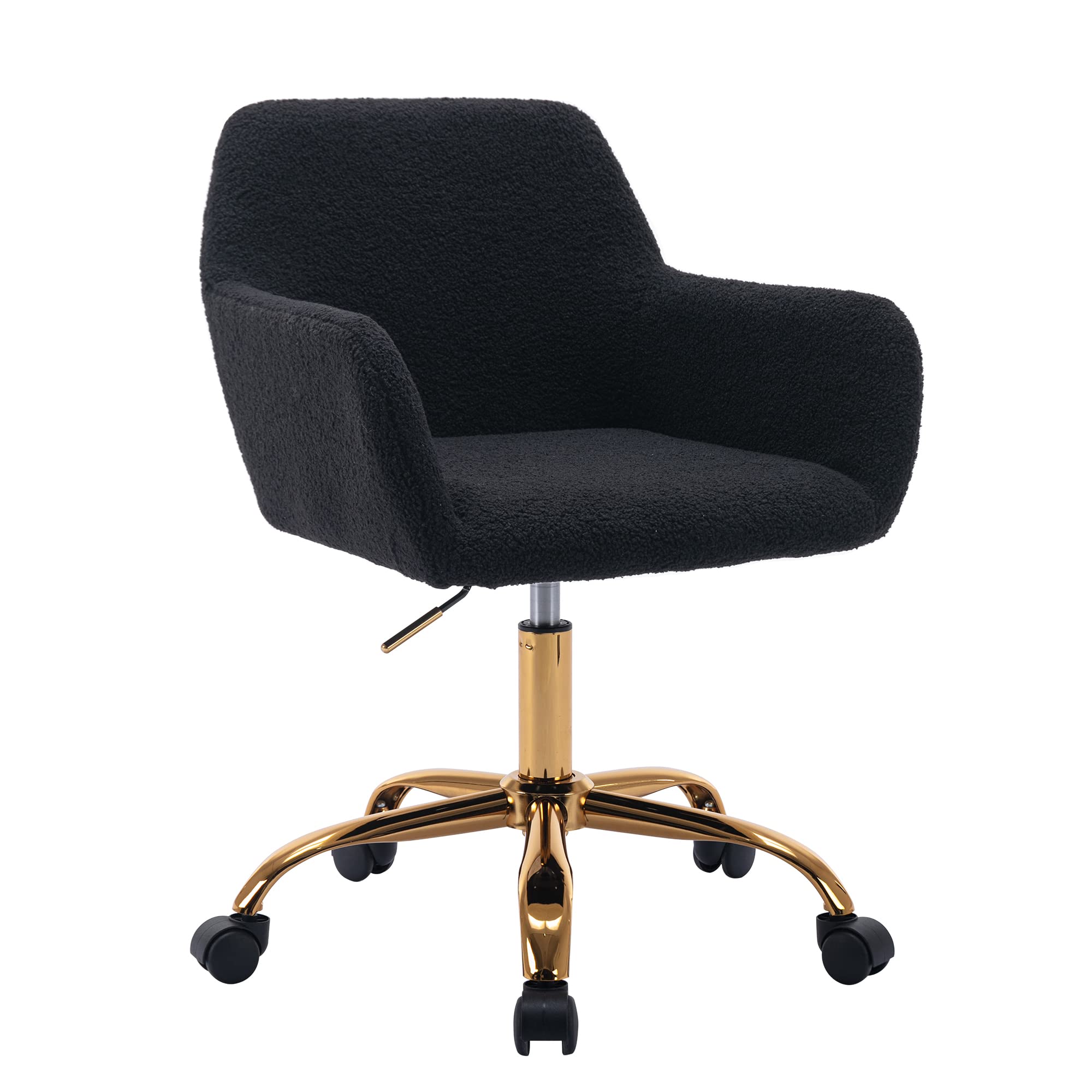 Kcc Faux Fur Office Desk Chair, Comfy Swivel Armchair With Wheels, Upholstered Fuzzy Vanity Chair, Adjustable Seat Height, Black