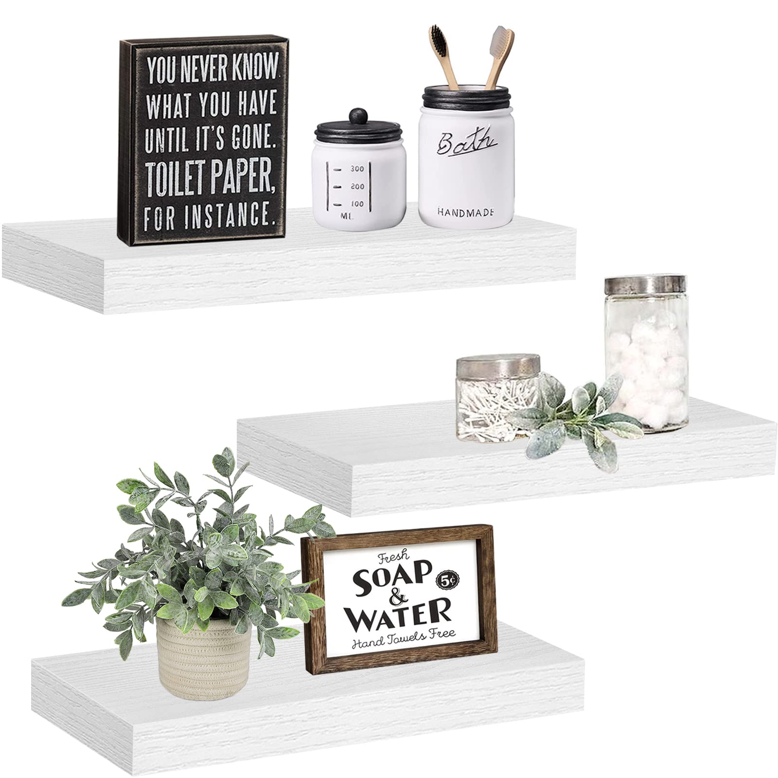 Qeeig White Floating Shelves Bathroom Decor- Wall Mounted Shelf Bedroom Modern Small 15 Inch Set Of 3