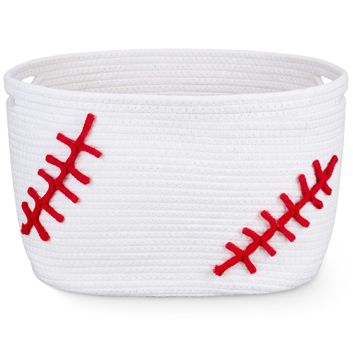 RattanView Baseball Cotton Rope Basket, Brown Woven Storage with White Stitch Pattern, 15 x 9 x 10 in, Empty Baseball Gift Organ