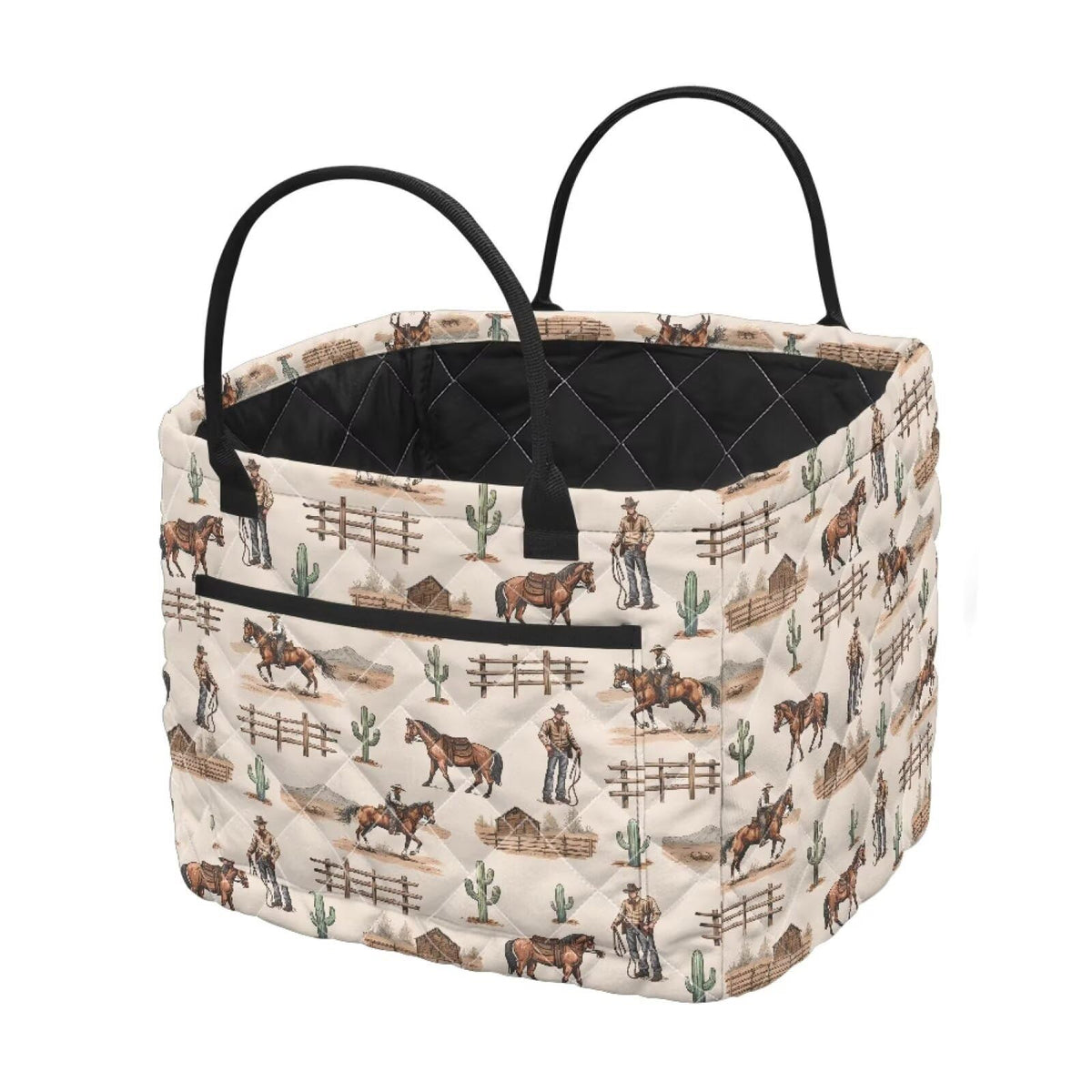 Babrukda Boho Fabric Quilted Storage Basket Foldable Quilted Laundry Basket with Easy Carry Handles Western Cowboy Horse Handhel