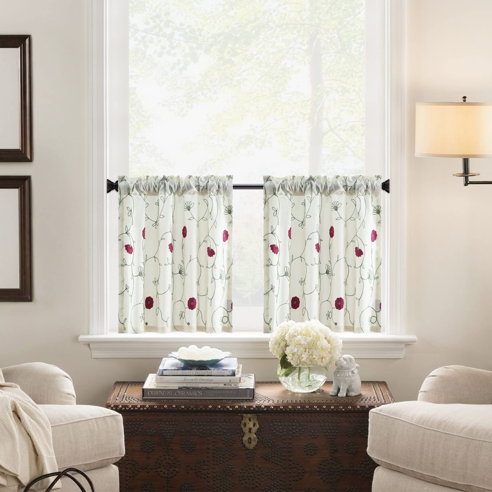 Vogol Short Red Kitchen Tier Curtains, Floral Embroidered Curtains For Bathroom Window Treatment, Elegant Red Flowers On White,