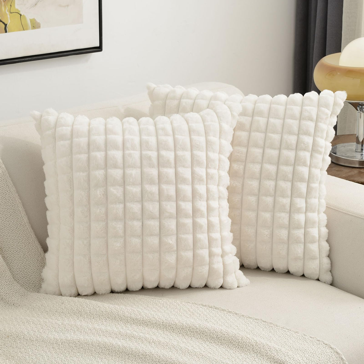 Futei Cream White Decorative Throw Pillow Covers 18X18 Inch Set Of 2,Square Cushion Case,Fluffy Faux Rabbit Fur Plaid & Soft Vel