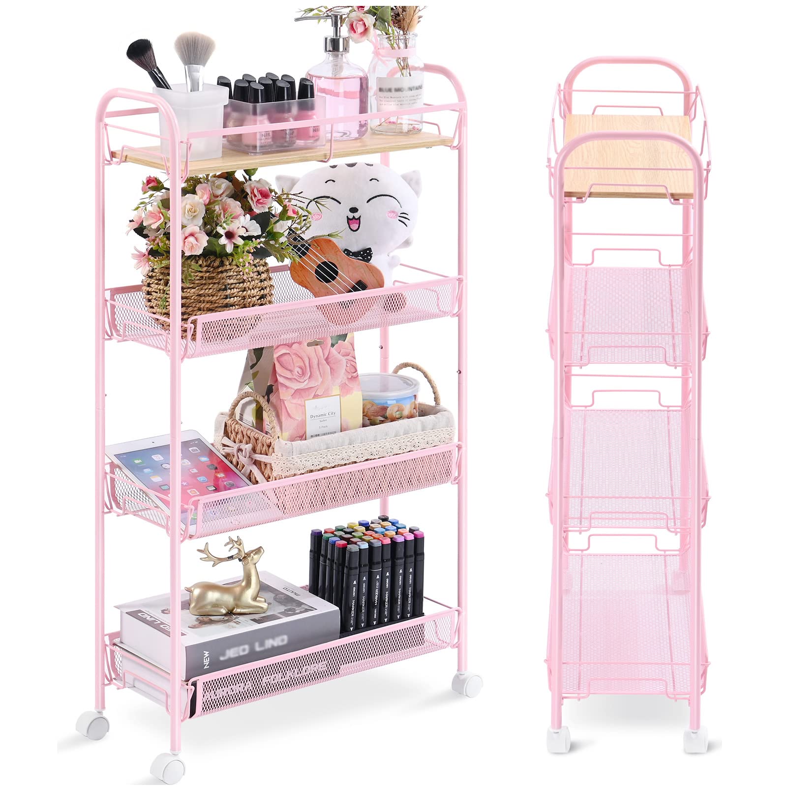 Kingrack 4-Tier Slim Rolling Cart With Wooden Tabletop, Easy Assemble Metal Utility Cart, Slide Out Narrow Storage Cart For Narrow Space On Bedroom Bathroom Laundry Room Apartments Dormitory, Pink