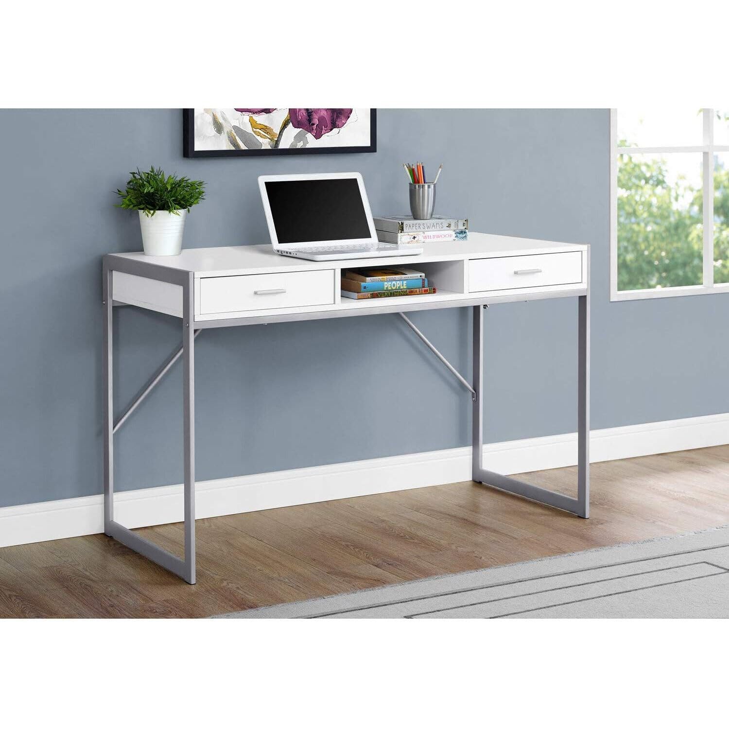 Monarch Specialties Contemporary Laptop Table with Drawers and Shelf Home & Office Computer Desk-Metal Legs, 48' L, White