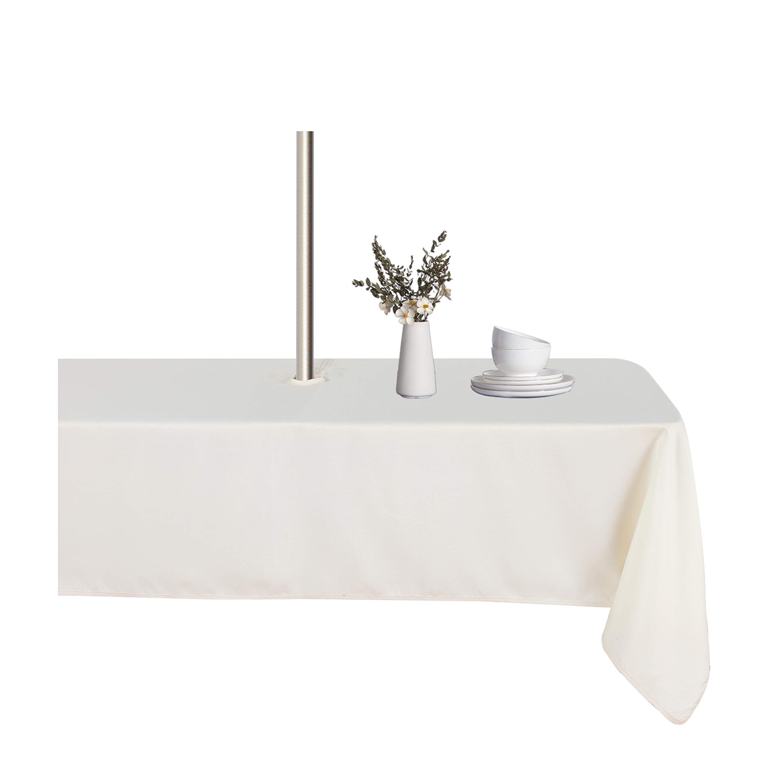Lushvida Rectangle Outdoor Tablecloth With Umbrella Hole And Zipper, 60X120 Inch Beige, Washable Waterproof Table Cloth Spill Pr